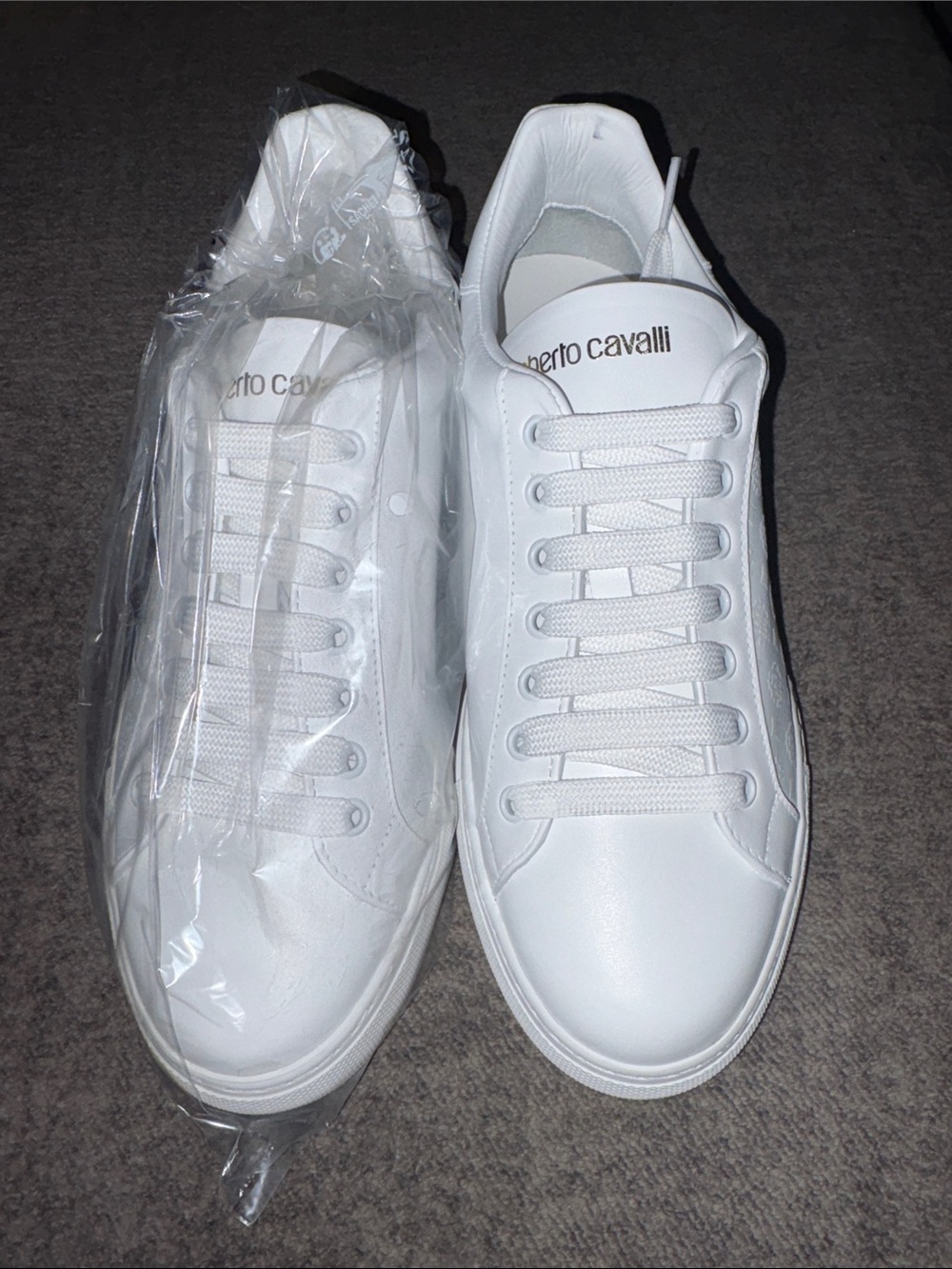 Roberto Cavalli White Leather Lace-Up Sneakers